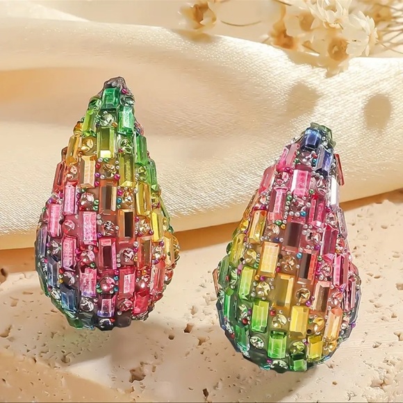 Teardrop Rainbow Multicolor Chunky Trendy Earrings New - Picture 4 of 4